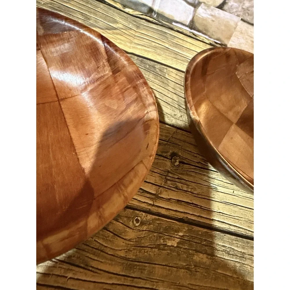 Vintage Wooden Woven Serving Bowl And 7 Bowls 70's